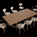 Modern Wooden Dining Table With Herringbone Pattern And Eight Light Upholstered Chairs 3d model