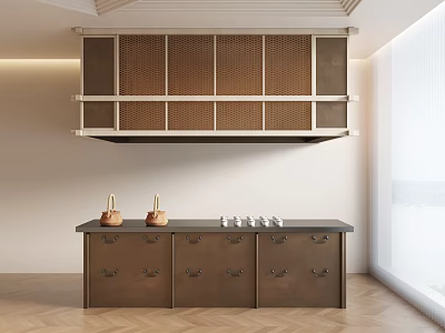 Modern Brown Sideboard with Decorative White Ornaments Drawers and Wall-Mounted Grid Cabinet in Minimalist Interior 3d model