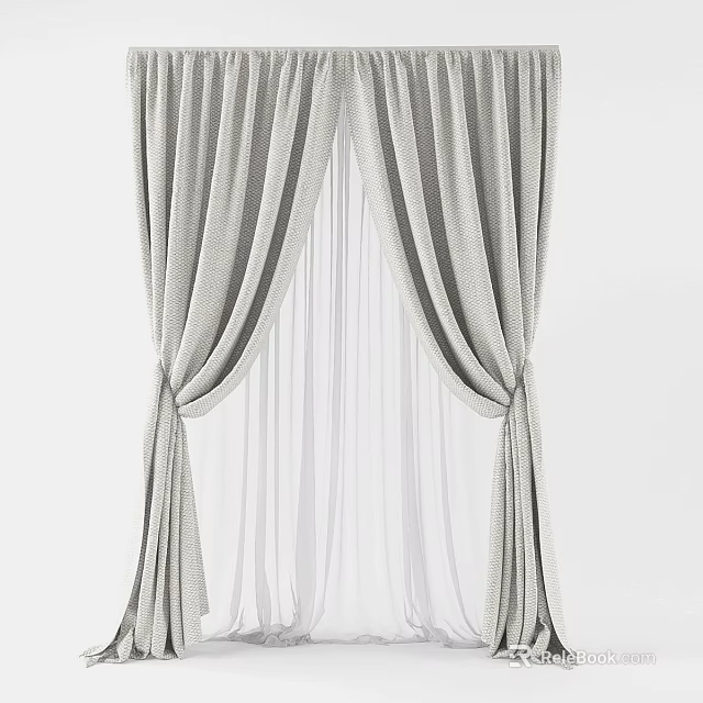 Gray Draped Curtains With Sheer Layers And Tied Design For Modern Interior 3d model 