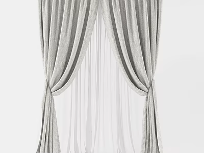 Gray Draped Curtains With Sheer Layers And Tied Design For Modern Interior 3d model