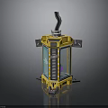 Yellow Framed Mechanical Device With Blue Transparent Panels Metal Brackets And Top Pipe