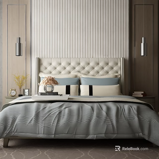 Stylish Background Double Bed With Tufted Headboard Gray Bedding Blue Pillows And Striped Wall Paneling 3d model 