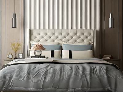Stylish Background Double Bed With Tufted Headboard Gray Bedding Blue Pillows And Striped Wall Paneling 3d model