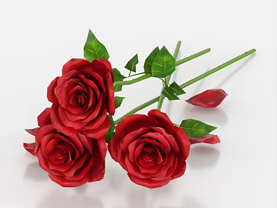 Beautiful Red Roses with Green Leaves and Stems for Vase Decoration 3d model