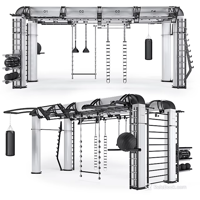 Multifunctional Fitness Training Equipment Featuring Suspended Punching Bags Ladder Rungs And Weight Plates 3d model 