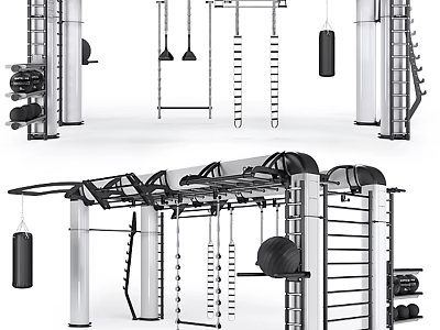 Multifunctional Fitness Training Equipment Featuring Suspended Punching Bags Ladder Rungs And Weight Plates 3d model