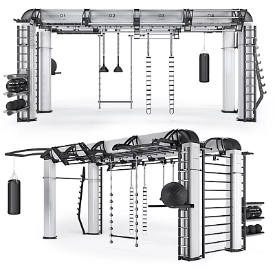 Multifunctional Fitness Training Equipment Featuring Suspended Punching Bags Ladder Rungs And Weight Plates 3d model