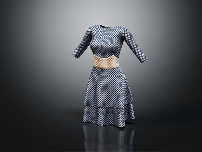 Stylish Blue And White Polka Dot Dress With Three Quarter Sleeves Beige Belt And Layered Skirt 3d model