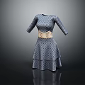 Stylish Blue And White Polka Dot Dress With Three Quarter Sleeves Beige Belt And Layered Skirt