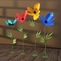 Vibrant Metal Flower Art Display with Green Leaves for Indoor Decor