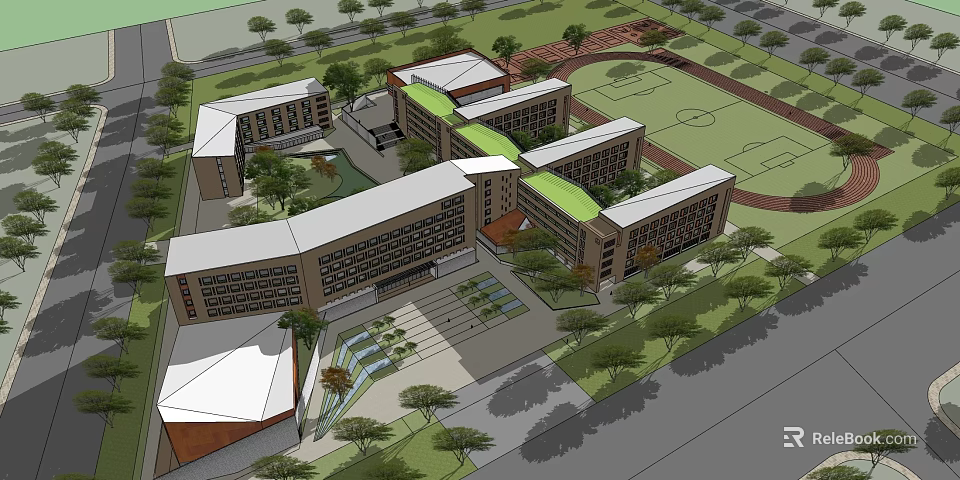 Modern School Building Complex With Linked Classrooms Green Roofs Playground And Trees 3d model 