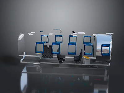 Black Sofa Bench in Bus Interior with Blue Seats and Metal Handrails 3d model