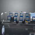 Black Sofa Bench in Bus Interior with Blue Seats and Metal Handrails