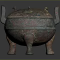 Ancient Bronze Vessel With Lid Three Legs Side Handles And Intricate Patterns 3d model