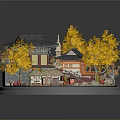 Traditional Asian Architectural Scene Model With Pagoda Golden Trees And Circular Base