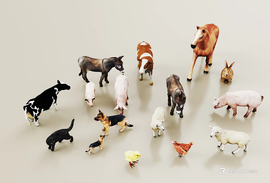 Various Plush Animal Toys Including Horse Donkey Cow Pig Dog And Sheep 3d model 