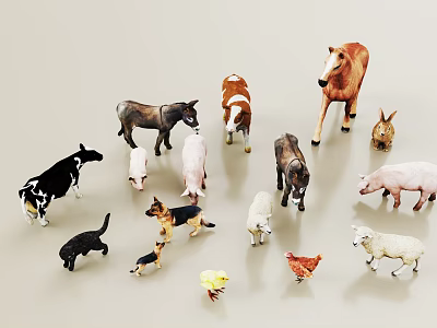 Various Plush Animal Toys Including Horse Donkey Cow Pig Dog And Sheep 3d model