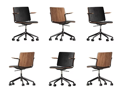 Set Of Six Modern Office Chairs With Black Leather And Wooden Accents On Casters 3d model