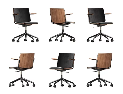 Set Of Six Modern Office Chairs With Black Leather And Wooden Accents On Casters 3d model