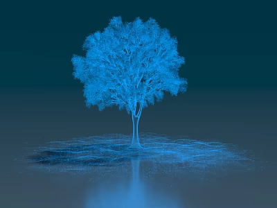 Scenic Blue Wireframe Tree Landscape with Line Structure and Reflection on Dark Background 3d model