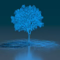 Scenic Blue Wireframe Tree Landscape with Line Structure and Reflection on Dark Background