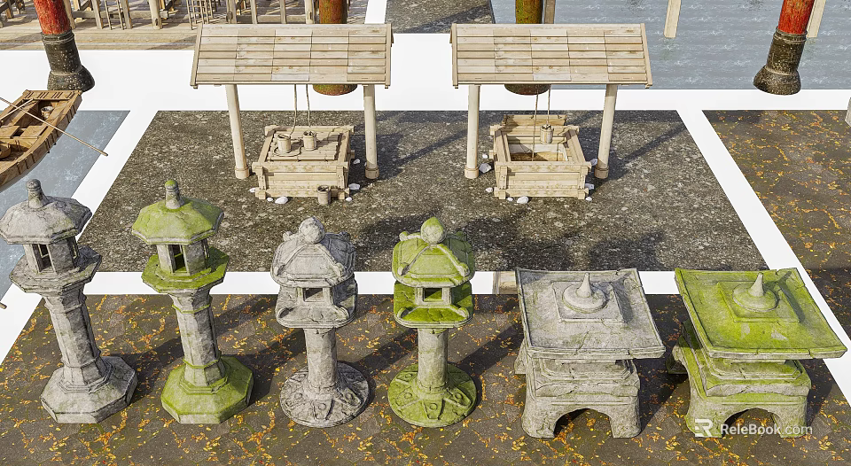 Traditional Garden Featuring Stone Lanterns And Wooden Roofed Structures On Stone Ground 3d model 