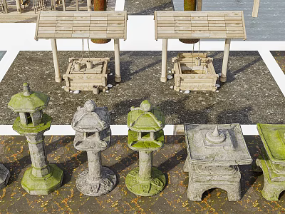 Traditional Garden Featuring Stone Lanterns And Wooden Roofed Structures On Stone Ground 3d model