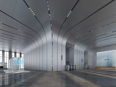 Modern Luxury Hotel Lobby With Curved Walls Lighting Design Marble Flooring Large Windows Reception Desk 3d model