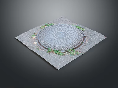 Decorative Cast Iron Manhole Cover On Gray Pavement With Grass Around And Intricate Circular Pattern 3d model