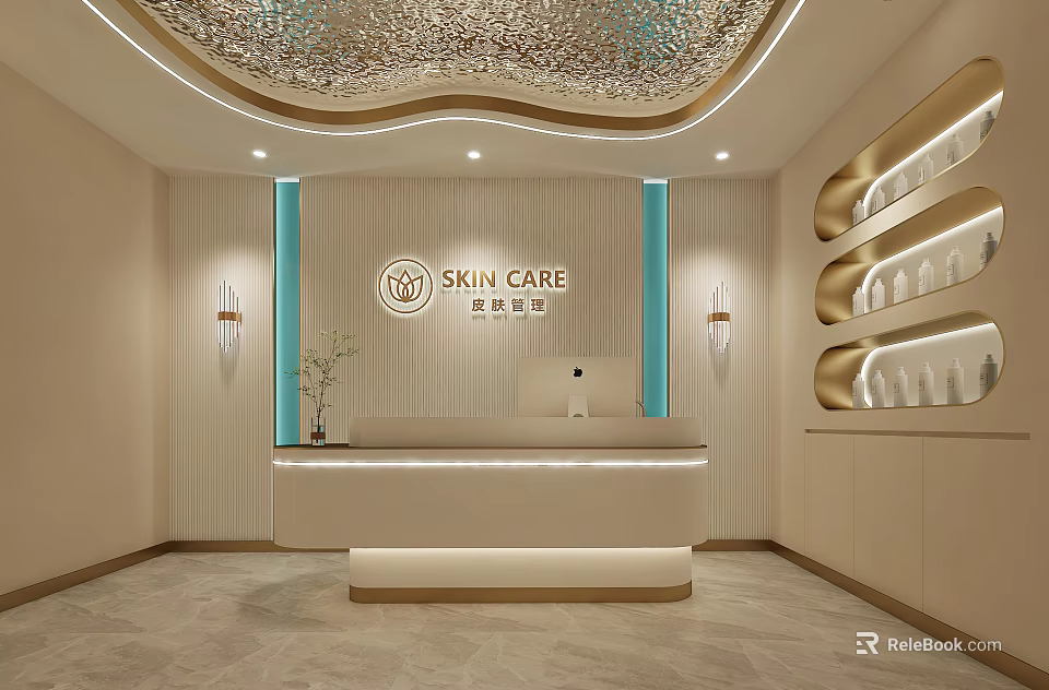 Modern Elegant Skin Care Beauty Salon Reception Area With Stylish Counter And Lighting 3d model 