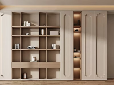 Modern Bookcase Interior Design With Open Shelves Closed Cabinet Doors And Warm Lighting 3d model