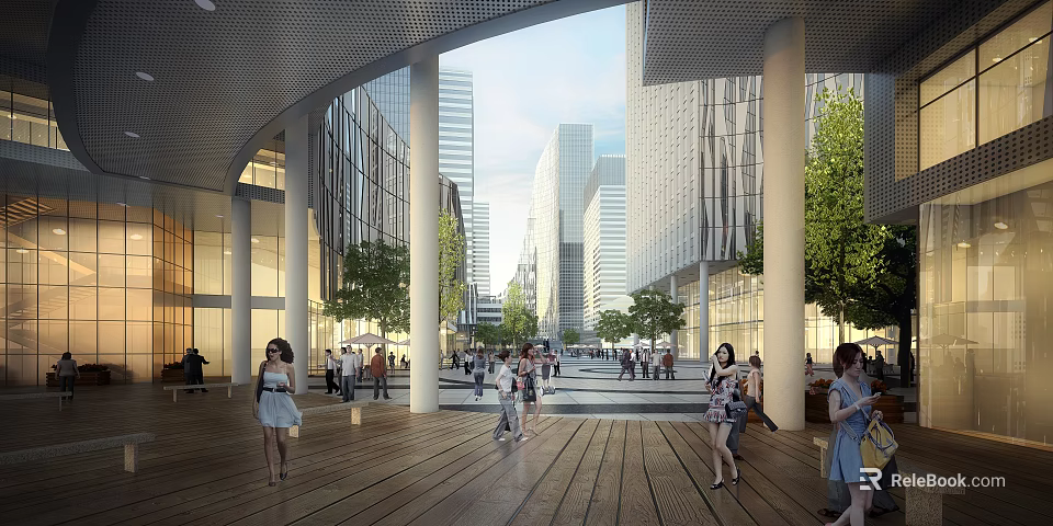 Modern Office Building With Plaza Area Pedestrians Green Trees And Tall Buildings 3d model 
