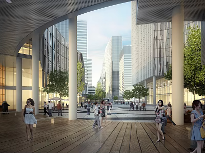 Modern Office Building With Plaza Area Pedestrians Green Trees And Tall Buildings 3d model
