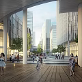 Modern Office Building With Plaza Area Pedestrians Green Trees And Tall Buildings