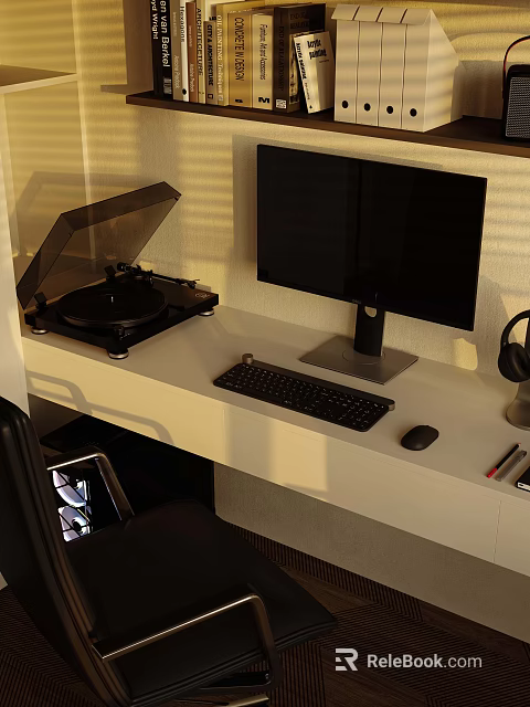 Modern Entertainment Room Interior With Turntable Monitor Keyboard Mouse And Headphones On Desk 3d model 