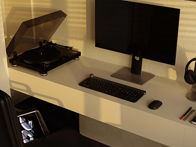 Modern Entertainment Room Interior With Turntable Monitor Keyboard Mouse And Headphones On Desk 3d model