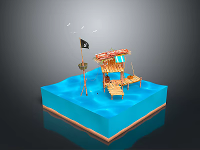 Water Platform Scene Featuring Hut With Straw Roof Black Flag Wooden Chairs And Flying Birds 3d model