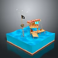 Water Platform Scene Featuring Hut With Straw Roof Black Flag Wooden Chairs And Flying Birds