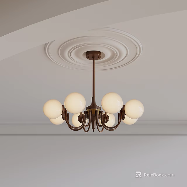 Elegant Brass Chandelier With Round Globe Lights On Decorative Ceiling Molding 3d model 