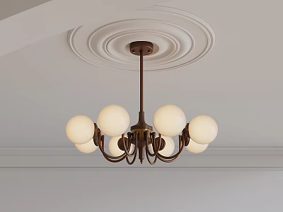 Elegant Brass Chandelier With Round Globe Lights On Decorative Ceiling Molding 3d model