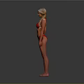 Woman In Red Bikini With Long Blonde Braid Standing Against Gray Background