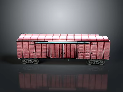 Red Train Car Model With Striped Roof Black Door Wheels And Reflective Gray Background 3d model
