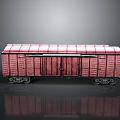 Red Train Car Model With Striped Roof Black Door Wheels And Reflective Gray Background
