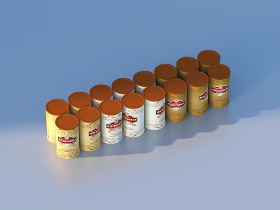 Yellow And White Storage Jars With Brown Lids In Curved Arrangement For Household Use 3d model