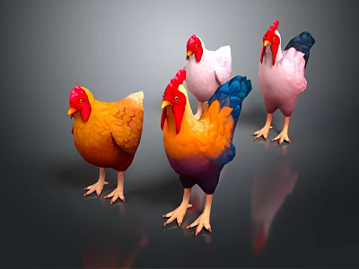 Colorful Rooster Models In Various Hues Standing On Dark Reflective Surface 3d model