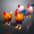 Colorful Rooster Models In Various Hues Standing On Dark Reflective Surface 3d model