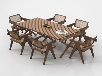 Wooden Dining Table And Six Woven Chairs Set With Fruit Plate And Cup On Top 3d model