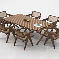 Wooden Dining Table And Six Woven Chairs Set With Fruit Plate And Cup On Top