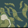 Birds Eye View Planning Design With Curved Green Islands Lush Trees And Bridge Over Blue Water