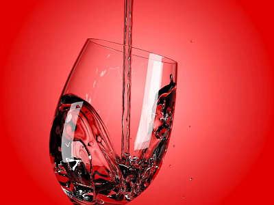 Wine Bottle And Glass On Red Background Showing Liquid Pouring Bubbles And Splashes 3d model